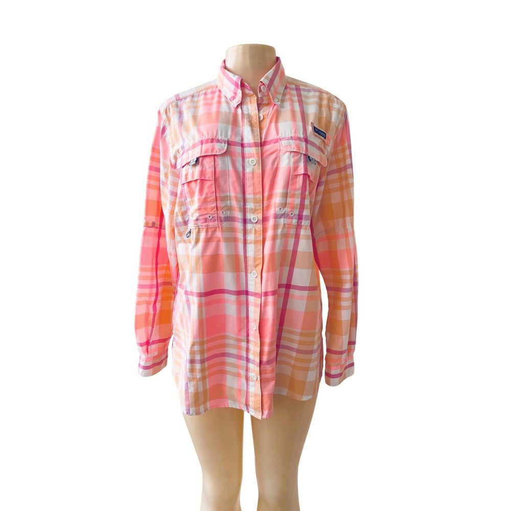 Columbia PFG Super Bahama Women's L Pink Coral Plaid Fishing Shirt Long Sleeve
